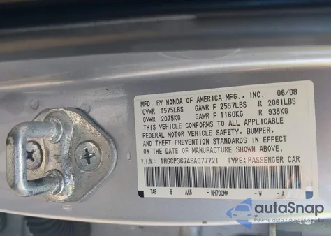 2008 Honda Accord 3.5 Ex из США, поврежденный, VIN 1HGCP36748A077721